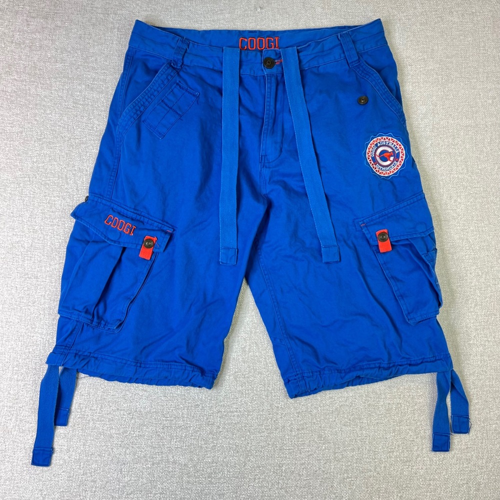 COOGI Mens Blue Cargo Shorts Size 38 Embroidered Australia Crest Utility Y2K